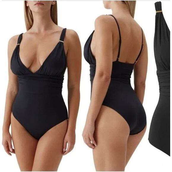 Melissa Odabash Panarea One Piece Swimsuit Black Gold Size 12 - Picture 2 of 7